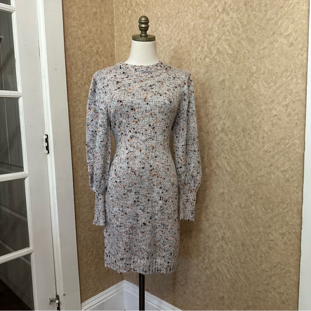 Chunky Knit Confetti Popcorn Beige Balloon Sleeve Fitted Bodycon Sweater Dress